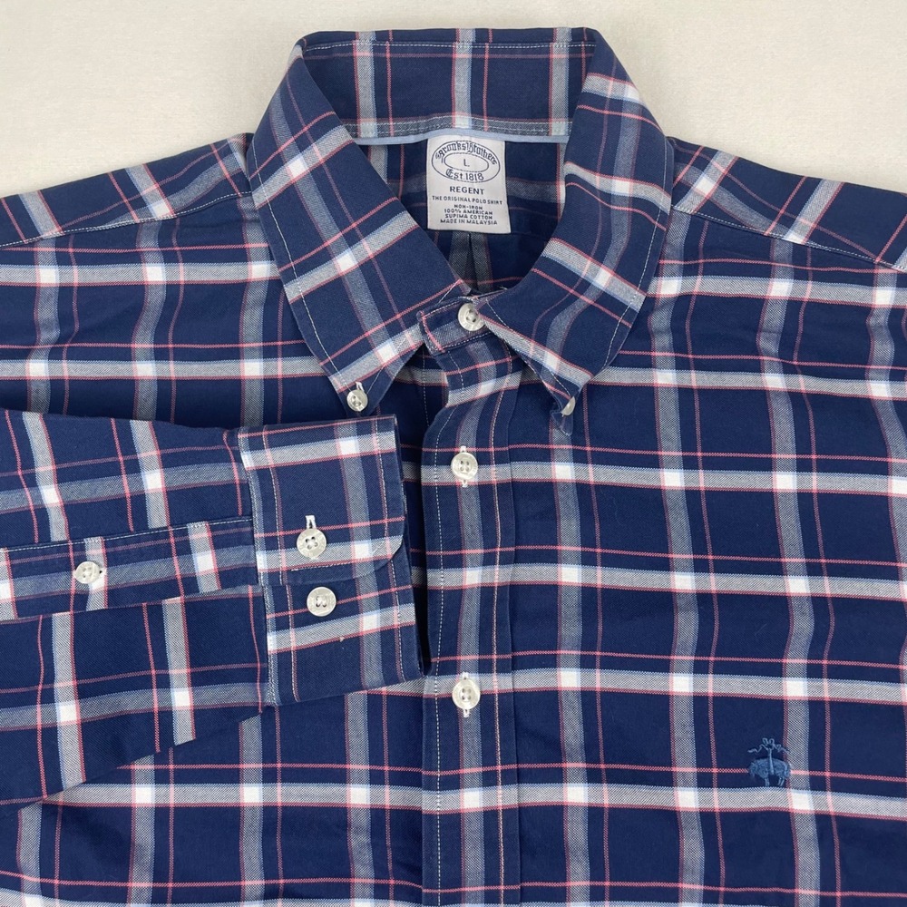 Brooks Brothers Regent Non-Iron Supima Cotton Plaid Shirt Mens Large Navy Blue